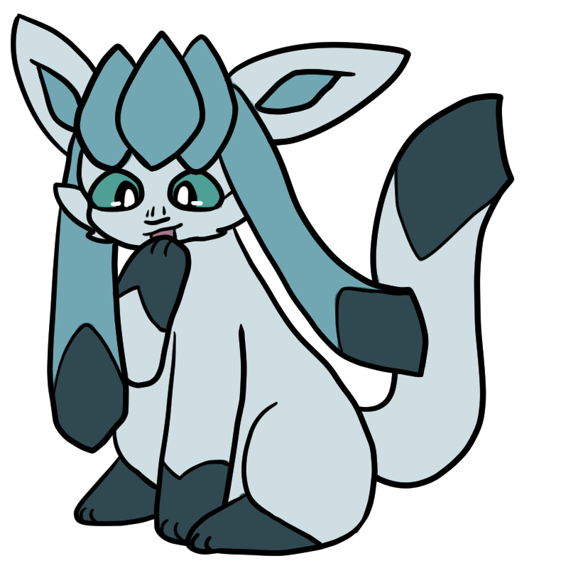  a drawing of a glaceon sitting that is a teal-blue instead of blue